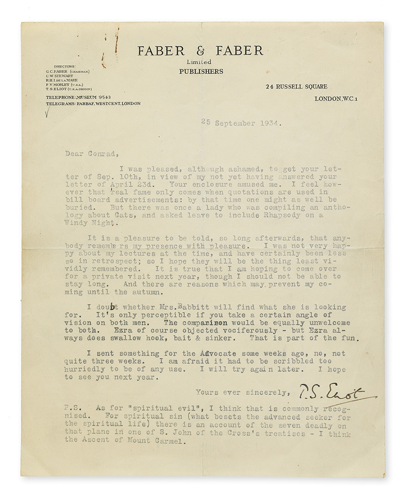 ELIOT, T.S. Typed Letter Signed, to friend and fellow writer Conrad Aiken (Dear Conrad),